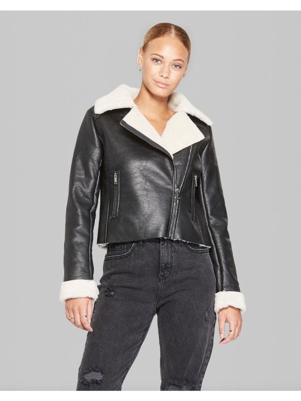 Black Sherpa Shearling Lined Faux Leather Moto‎ Jacket Pockets Size M Biker Crop